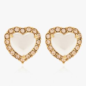 Pearl & Zirconia Heart Stud Earrings - Cream Gold