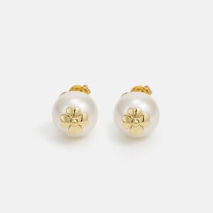 Pearl Gold Flower Stud Earrings - Cream Gold